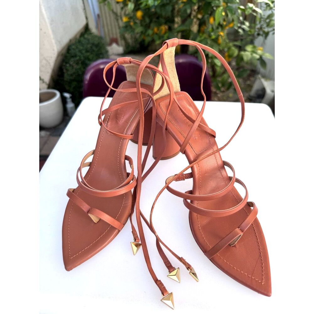 Schutz 100% Leather Cognac Chocolate Brn Strappy Tall Pointy Sandal Heels SZ 7.5